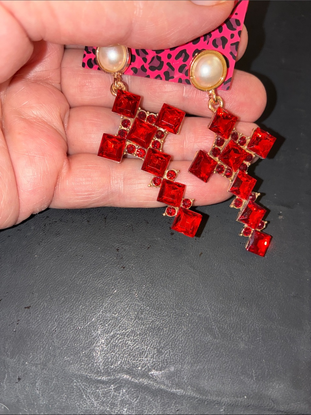 Gold-Tone Pearl & Bright Red Cross Drop Earrings